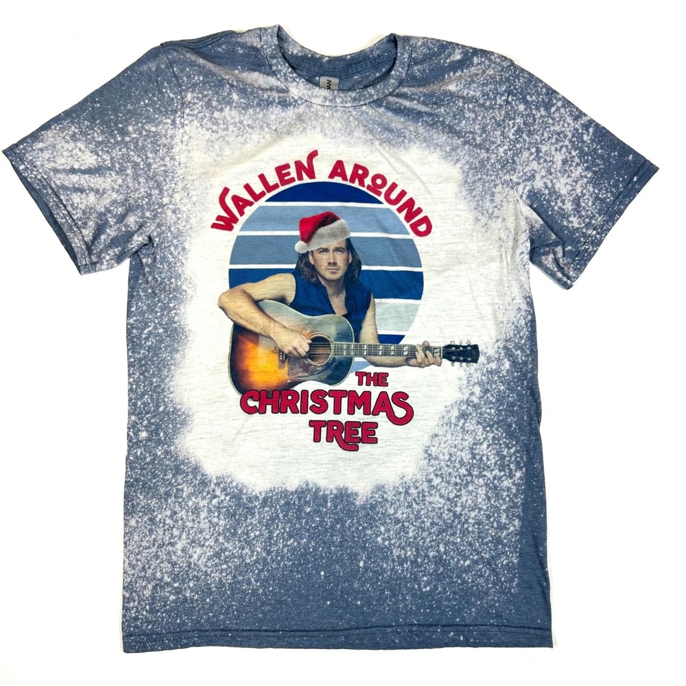Gildan Morgan Wallen Christmas Tree Bleached Graphic Tee Blue Small 1541